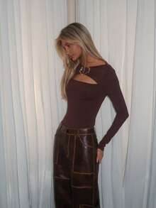 Sydney Algeri 女士优雅纯色镂空长袖紧身衣 - 棕色 - 查看 4