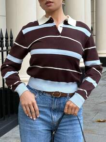 Bethéva 女式秋冬学院风马球领撞色条纹棕蓝宽松针织毛衣 - 彩色 - 查看 3