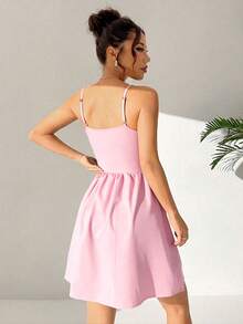 SHEIN EZwear 女士纯色吊带V领褶皱A字连衣裙 - 粉色 - 查看 2