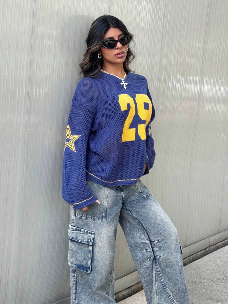 Rayane Ketlyn Women's Spring And Summer Streetwear Vintage Going Out Number Pattern Graphics Star Pattern V-Neck Sweater In Fall/Winter - Navy Blue - View 1