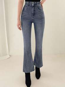 DAZY 女士高腰双层紧身牛仔裤 - 藍色 - 查看 2