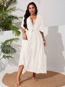 Swim Vcay Plus Size Women's Casual Vacation Beach Dress With Side Slit And Lace Patchwork - Apricot - View 5