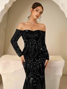 Coutiva 优雅秋冬亮片串珠露肩长袖两件式美人鱼正式晚礼服，适合婚礼宾客、毕业典礼、生日派对、音乐节等场合。闪亮黑色连衣裙，黑色亮片连衣裙，黑色晚礼服，奢华连衣裙，女士亮片连衣裙 - 黑色 - 查看 6