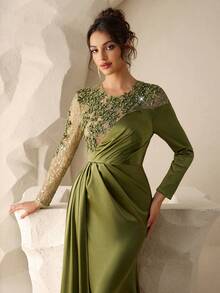 Coutiva Elegant Round Neck Long-Sleeved Evening Gown With Sequin Embroidery, Satin Fabric, Three-Dimensional Appliques, Faux Pearl And Rhinestone Design, And Mermaid Hem. Suitable For Brides, Mothers-In-Law, Wedding Guests, And Bridesmaids. - Green - View 6