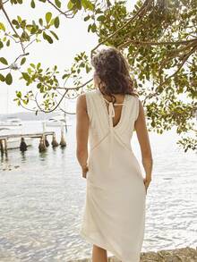 Aralina 女士休闲时尚优雅奢华褶皱V领中长连衣裙，完美适用于圣诞派对装扮，可搭配牛仔裤，也适合新年派对、各种活动季和派对季穿着。 - 米色 - 查看 3