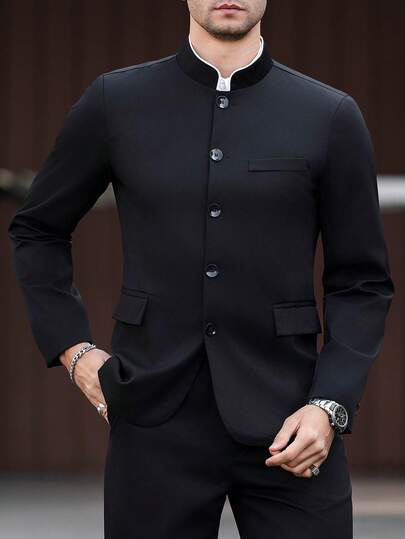 Manfinity Mode Men's Stand Collar Single-Breasted Business Commuter Long Sleeve Suit Jacket Casual Suits For Men Wedding Jacket For Men Men Black Formal Wear Men Black Suit Set Black Blazer Men Old Money,Daily Leisure, Weekend Trips, Outdoor Activities, Travel Expeditions, Relaxed Work Environments Or Semi-Formal Occasions, Boyfriend/Husband Gift, Anniversary /Birthday Gift Party Summer Vacation Holiday New Years Wedding Valentine's Day Men Casual Suits