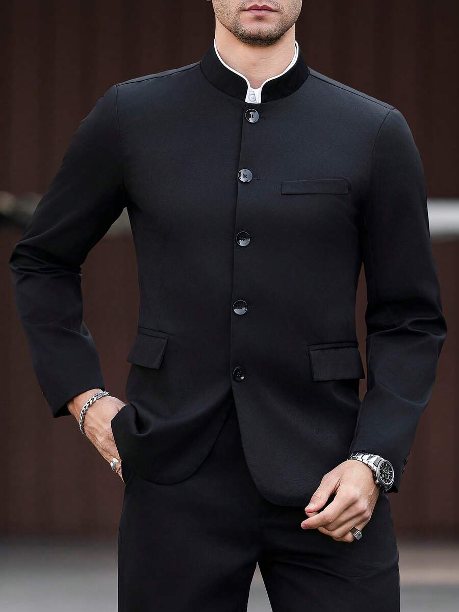 Manfinity Mode Áo khoác vest công sở tay dài cổ đứng, cài khuy đơn dành cho nam, thích hợp cho việc đi làm. - màu đen - Xem 1