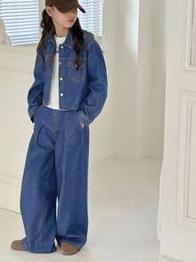 2pcs Tween GirlsNavy Blue Denim Lapel Long Sleeve Loose Pants Set - Medium Wash - View 5