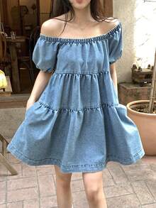 DAZY Women's Square Neck Casual Korean Style Denim Dress, Spring/Summer Vacation - Blue - View 7
