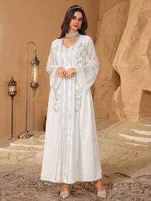 Al Najma Elegant Satin Solid Color Ribbon Decor Faux Pearl Embroidery Waist Belt Kaftan Dress For Party Formal White Dress White Modest Dress Modest Full Length Jalabiya Kaftan For Evening Party - White - View 3