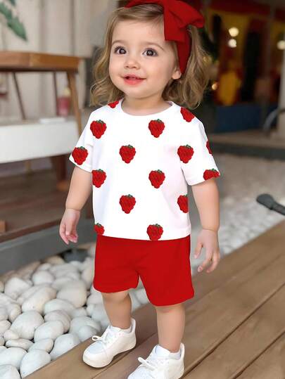 一套甜美可爱的印花圆领短袖T恤和短裤套装，专为女婴设计，适合派对和聚会。T恤采用甜美的草莓印花设计，搭配红色短裤。轻盈舒适，是春夏休闲穿着、户外活动、街头摄影、校园、节日庆典和送礼的理想之选。