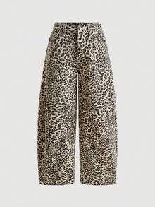 SHEIN PETITE Women's Leopard Print Cargo Wide Leg Loose Casual Jeans