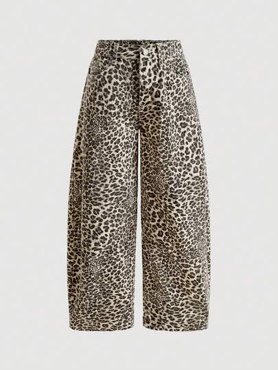 SHEIN PETITE Women's Leopard Print Cargo Wide Leg Loose Casual Jeans