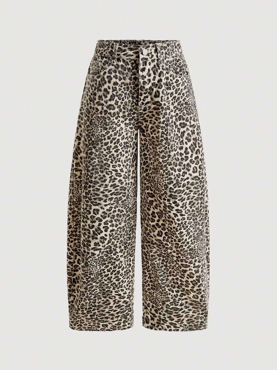 SHEIN PETITE Women's Leopard Print Cargo Wide Leg Loose Casual Jeans