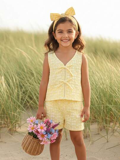 Conjunto de 2 piezas de top de tirantes con lazo de jacquard amarillo y shorts casual y lindo para niña, primavera/verano