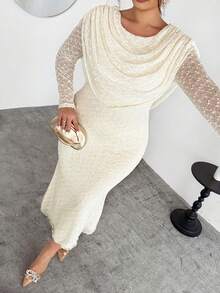 Firerie 大码优雅舒适长袖连衣裙，适合派对、约会、舞会、度假、高端场合、下午茶等，弹力纹理荷叶边领口，收腰设计 - 杏色 - 查看 8