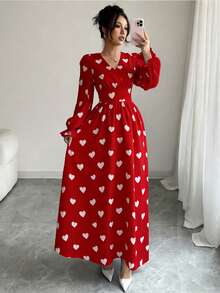 SHEIN 女士红色爱心印花蝴蝶结长袖长裤连体裤 - 紅色 - 查看 1