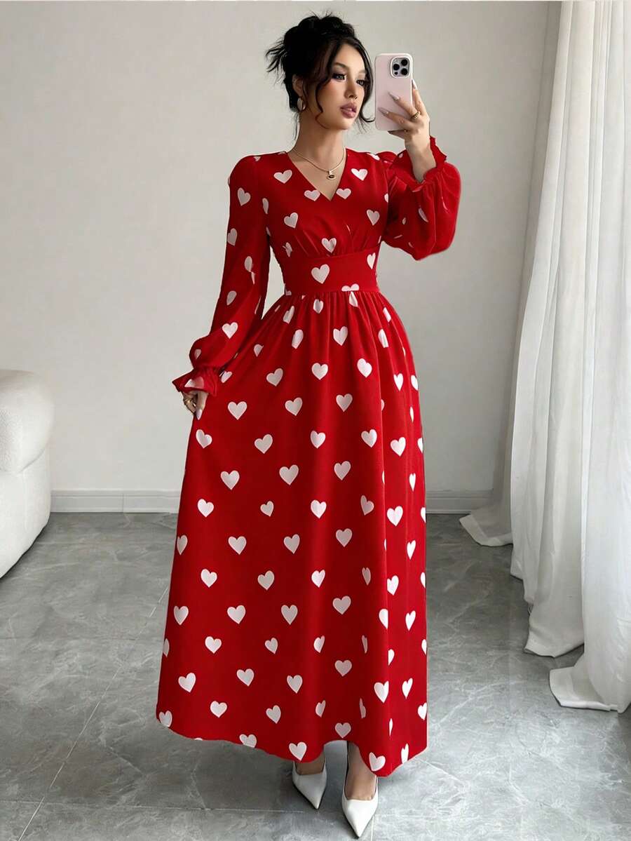 SHEIN 女士红色爱心印花蝴蝶结长袖长裤连体裤 - 紅色 - 查看 1