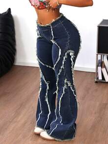 Jeanoix 女士休闲水洗毛边喇叭牛仔裤 - 藍色 - 查看 6