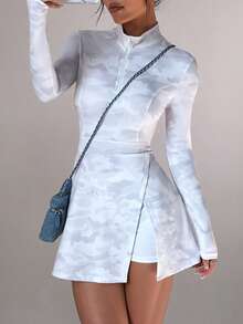 Dewbera 迷彩印花长袖开衩下摆运动连衣裙 - 彩色 - 查看 3