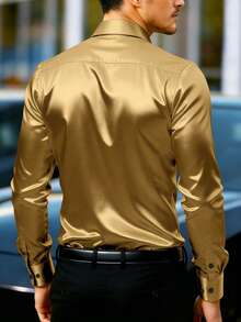 Manfinity Mode 男士纹理设计休闲商务长袖衬衫 - 金色 - 查看 2
