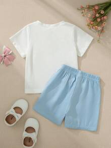 Souflis Souflis 2件套女婴可爱花卉爱心印花T恤上衣（带蝴蝶结设计）和短裙套装，春夏款 - 彩色 - 查看 4