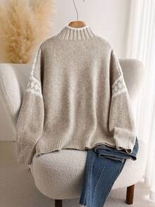 CosyJoli Plus Size Women Contrast Color Drop Shoulder Long Sleeve Casual Loose Pullover Sweater, Autumn/Winter