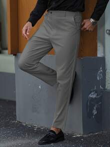 Manfinity Mode Women's Solid Color Button Slant Pocket Business Casual Pants Grey Pants For Men Pants For Men Elegant - Dark Grey - View 5