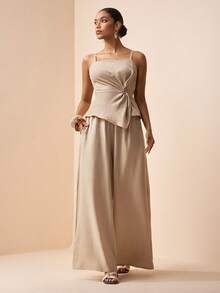 Zivah 2026 Spring/Summer New Valentine's Day, Music Festival, Easter Western, Nomadic, Bohemian Casual Vacation Elegant Commute Camisole With Twisted Waist & Asymmetrical Hem + Wide Leg Pants Khaki 2-Piece Set - Khaki - View 3