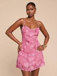 SHEIN BAE Seductive Pink Floral Summer Dress,Sequin Textured Halter Backless Tie Waist A-Line Mini Vacation Beach Party Dress,Elegant Valentine Dresse For Women - Pink - View 5