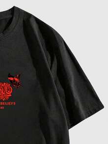 ROMWE MEN Goth Spring/Summer Casual Graphic Men'S Casual Skull & Floral Print Round Neck Short Sleeve T-Shirt, Summer - Black - View 4