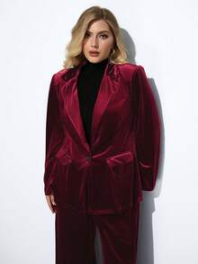 Maija Conjunto de chaqueta y pantalón de pierna ancha de unicolor con cuello de solapa y manga larga para mujer de talla grande, otoño - Burdeos - Ver 6