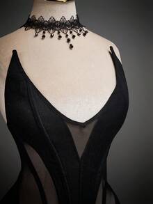 SHEIN ICON 女士性感透视腰部拼接网纱抹胸上衣 - 黑色 - 查看 5