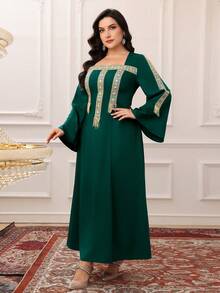 Al Najma Plus Size Women's Fringe Decorated Turkish Maxi Dress & Arabic Traditional Abaya Kaftan Jalabiya Dress - Dark Green - View 6