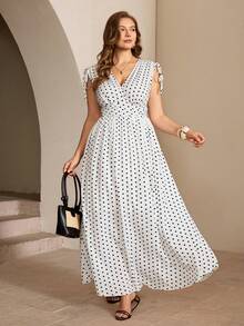 Roveilla 大码法式波点印花系带褶皱连衣裙，春夏款 - 白色 - 查看 7