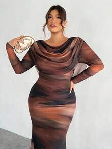 Firerie 大码优雅舒适派对、聚会、约会、舞会、假日等高端场合下午茶，弹力网纱荷叶边领口收腰长袖连衣裙，秋冬款 - 彩色 - 查看 1