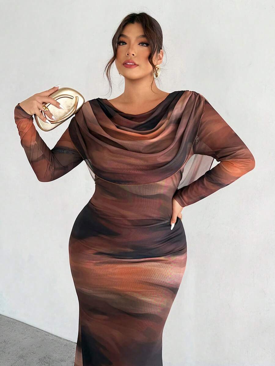 Firerie 大码优雅舒适派对、聚会、约会、舞会、假日等高端场合下午茶，弹力网纱荷叶边领口收腰长袖连衣裙，秋冬款 - 彩色 - 查看 1