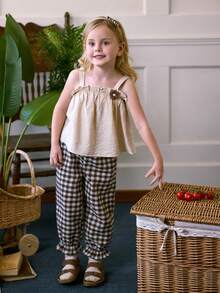 Blossori 2pcs Vintage Floral Decor Camisole Top And Brown Plaid Ruffle Hem Pants Set For Young Girls, Suitable For Spring/Summer And Outdoor Vacation - Brown - View 3