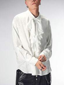 ROMWE MEN Goth Áo sơ mi nam tay dài đơn giản, tối giản, màu trơn, có viền bèo nhún - trắng - Xem 6