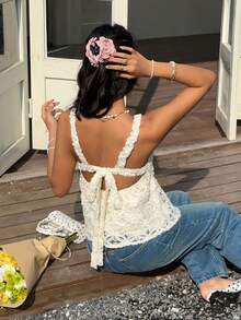 Serisse Áo hai dây kiểu Pháp thêu hoa 3D hở lưng có nơ dành cho nữ mùa xuân/hè; Áo hai dây không tay cổ vuông kiểu Hàn Quốc ngọt ngào cho mùa hè - Màu be - Xem 4