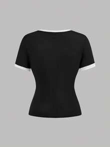 SHEIN Girlism Tee-shirt ajusté à col rond et manches courtes pour adolescentes, doux et mode, avec imprimé numérique et lettres en couleurs contrastées. Décontracté, sportif, streetwear, preppy, rentrée scolaire - Noir - Voir 2