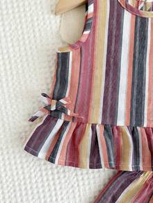 SHEIN LMoss Kids 2pcs Baby Girl Woven Striped Crew Neck Top And Loose Casual Pants Set - Multicolor - View 3