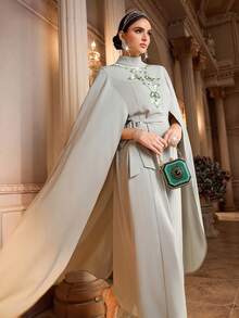 Al Najma Women's Elegant Arabic Style Dress With Beaded Cloak Sleeves Luxury Dress For Women Modest Dress Beaded Embroidery Dress - Green - View 6