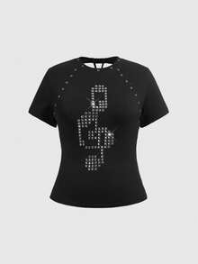 ROMWE Grunge Punk Spring/Summer Plus Size Black T-Shirt With Punk Music Note Rhinestone Grommets Valentine's Day - Black - View 8