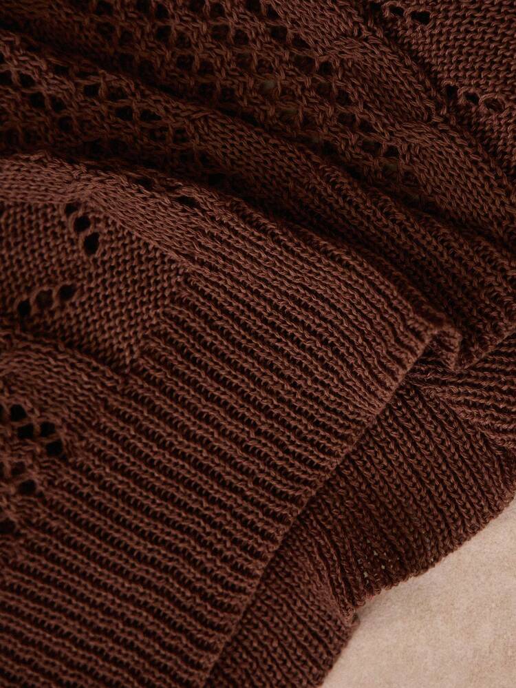 Men's Solid Color Hollow Short Sleeve Polo Neck Casual Knit Top Brown Button Up Knit Shirt Men Knitted Button Up Men's Brown Sweater Crochet Men Shirt Matching