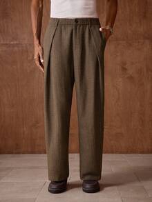 AKNOTIC 男士舒适宽松休闲裤，百搭日常穿着；男士高腰法兰绒正装裤；男士褶裥西装裤；棕色亚麻西裤 - 棕色 - 查看 2