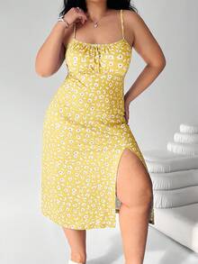 Solflare 大码女装、沙滩女装、波西米亚风、春季服装、假日派对大码连衣裙、夏威夷风女装、休闲女装、吊带印花开衩下摆休闲连衣裙 - 黃色 - 查看 5