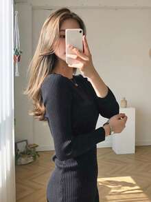 DAZY 女士纯色圆领长袖修身休闲针织连衣裙 春季 - 深灰色 - 查看 5