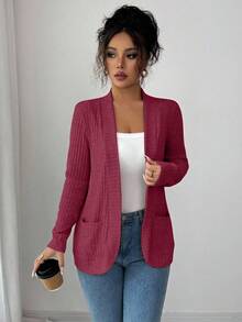SHEIN PETITE 女款休閒螺紋刷毛開襟側口袋短版輕量外套 紅色開襟外套 女款開襟外套 有口袋休閒開襟外套 紅色長袖開襟外套 - 酒紅色 - 查看 4