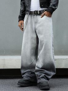 Manfinity EMRG 男士休闲宽松版型做旧弯腿喇叭深灰色牛仔裤